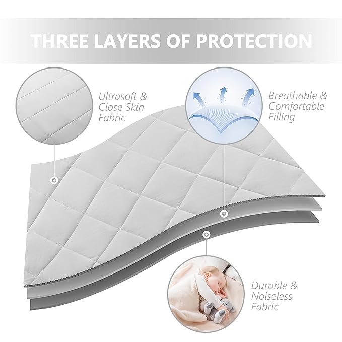 TILLYOU Pack and Play Sheets Pad - Waterproof Play Yard Playpen Sheets Pad, Soft Quilted Sheets with 1''-3'' Deep Pocket, Breathable and Fluffy, 39"x27",Light Grey