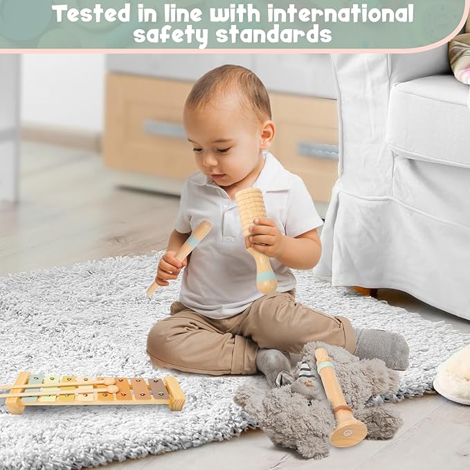 Stoie's Wooden Toddler Musical Instruments with Xylophone, Maracas, Triangle, Tamburine for Babies and Kids, Eco Friendly Montessori Educational Toy