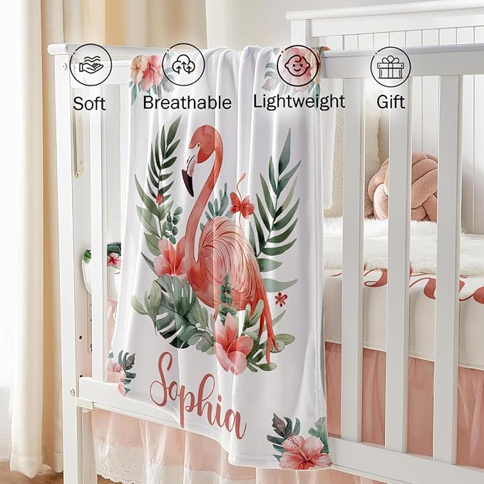 Custom Baby Crib Bedding Set, Personalized Name Flamingo Design Crib Set 3 Pcs, Soft Double Layer Blanket, Crib Sheet & Room Rug, Ideal Nursery Decor Gift for Baby Girls Boys