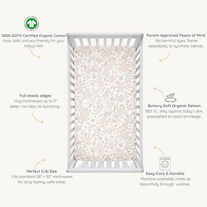 Makemake Organics GOTS Certified Organic Cotton Fitted Crib Sheet Soft Breathable (28"x52", Blossom)