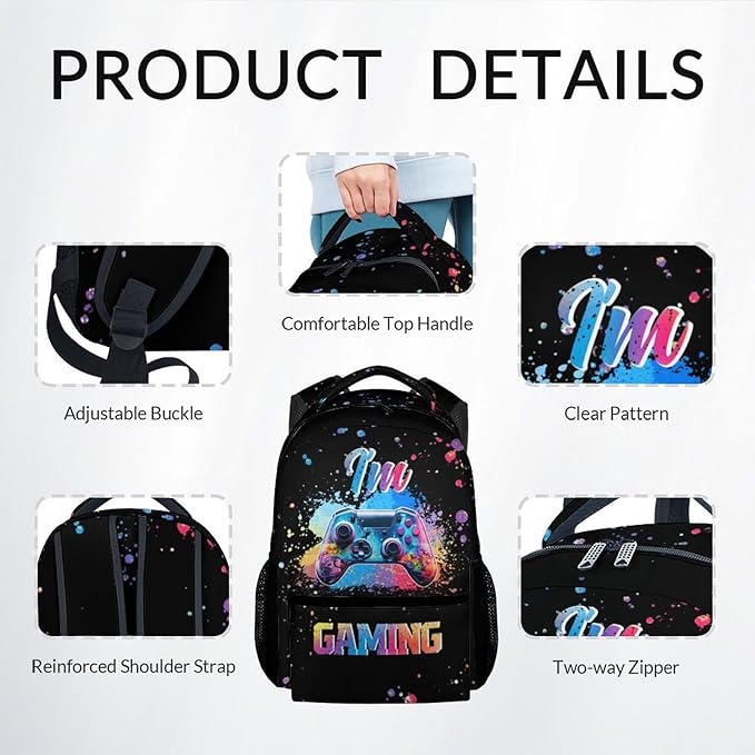 COZYAURA Kids Backpack with Lunch Box - Graffiti Video Gamer Backpack for School - Lightweight Black Gaming Backpacks for Boys