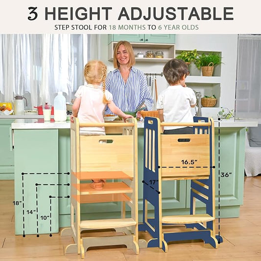 WINGYZ Toddler Tower – Adjustable Step Stool Helper for Kids 18M–6Y, Kitchen Learning Stool with Safety Rail, 3-Height Adjustable, Sliding Door, Full Support Foot, Wooden Updated Design, Dark Blue