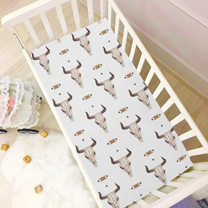 Western Bull Skull Crib Sheets Soft Breathable Fitted Baby Playard Sheets Mattress Cover for Girl Boys, 39" x 27" x 5"