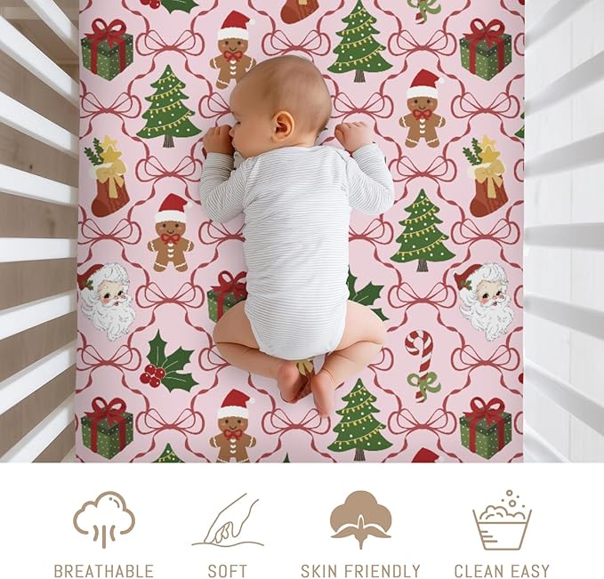 Pink Santa Christmas Bows Baby Crib Sheets for Boy Girl Retro Christmas Trees Stockings Fir Gifts Soft Snug Fitted Crib Mattress Covers for 52x28 Standard Crib & Toddler Mattress Winter Baby Sheets