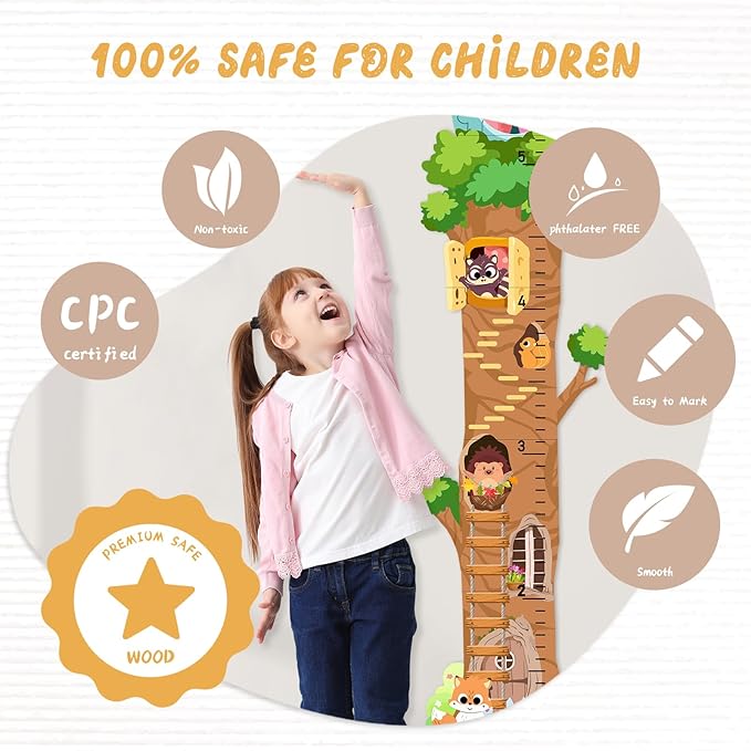 Personalized Name Growth Chart for Wall - Tree House Animals Kids Height Ruler, Wooden Growth Chart for Kids, Meaningful Memories Through Kid Size Chart Measurement