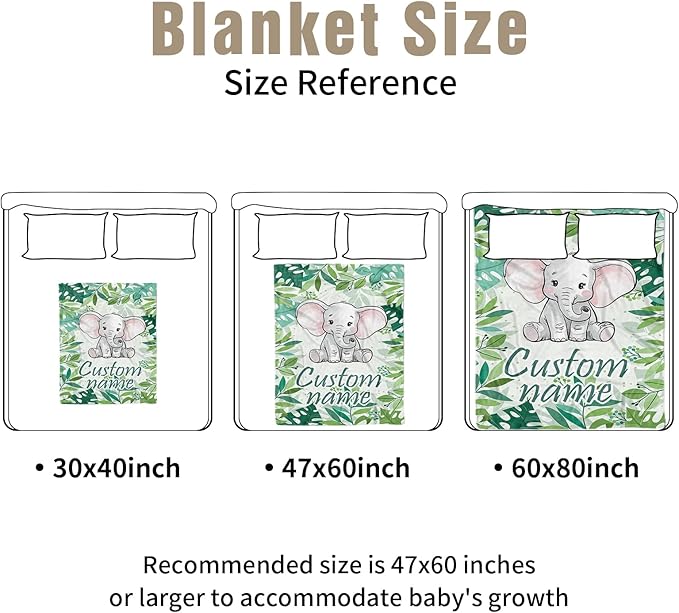 Personalized Crib Bedding Set for Boys Girls, Custom Baby Crib Sets with Name, Green Elephant Design Nursery Bedding 2 Piece - Soft Blanket with Double Layer Dotted Backing, Crib Fitted Sheet