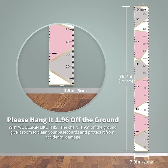 Nustila Pink Gray Color Block Growth Chart for Kids Baby Height Chart Ruler Removable Canvas Wooden Frame Hanging Wall Rulers Measurement Charts for Toddler Room Decor - 79"X7.9" with Beige Wood