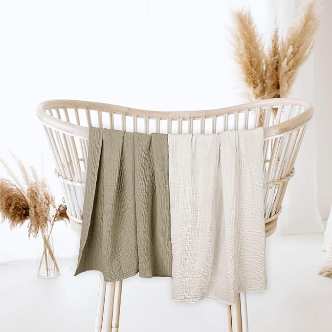 lulumoon Muslin Swaddle Blanket Baby - Cotton Swaddling Blanket Soft Baby Receiving Blankets Neutral 2Pack(Olive)