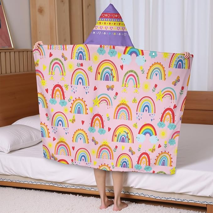 Thickened Hooded Towels for Kids Suitable Girls Boys Kids Bath Towels, 35"x60" Super Absorbent, Rainbow Cute Cartoon Toddler Towels Multi-Purpose for Beach, Pool and Bathroom