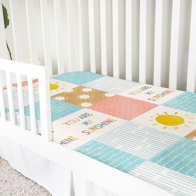Colorful Boho Sun Baby Crib Sheet 52''x28'' Cute Sunshine Stripes Stretchy Fitted Mattress Sheets for Boy Girl Letters Quote Nursery Toddler Bed Sheets for Standard and Toddler Mattress