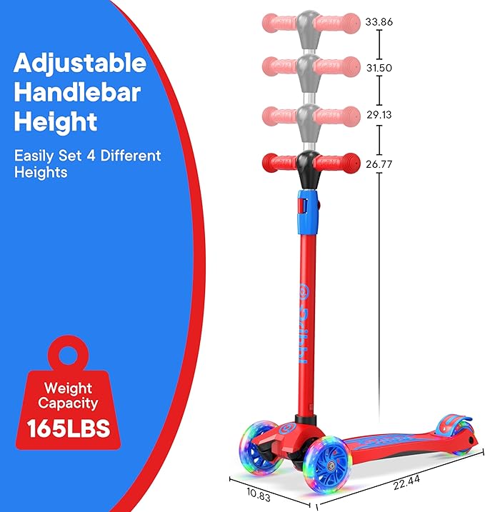 Dribbl 3-Wheel Kids Scooter - Lean-to-Steer Technology, Adjustable Height Handlebar, Anti-Slip Deck, Scooter for Boys & Girls Ages 3+, Child Safety Approved, Support Riders Up To 165 lbs, Red and Blue