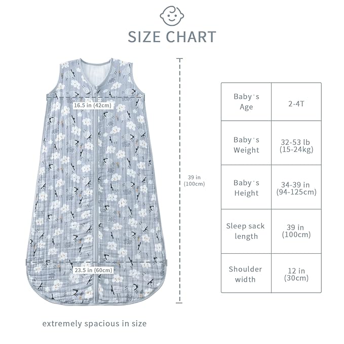 Baby Sleep Sack 2-4 T Baby Wearable Blanket 100% Organic Cotton 0.5 TOG Toddler Sleep Sacks 2- Way Zipper Soft 4 Layers Muslin 2T 3T 4T Sheep Grey