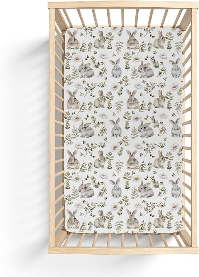 Watercolor Bunny Leaves Baby Crib Sheets for Boy Girl 52"x28" Spring Rabbits Flowers Soft Snug Fitted Crib Mattress Cover Animal Nursery Baby Sheet for Standard Crib & Toddler Bed Mattress