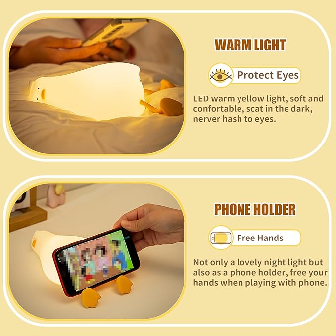 LiuXxdym Lying Flat Duck Night Light, Cute Silicone Light Up Duck, 3 Level Dimmable Nursery Nightlight, LED Duck Lamp, Rechargeable Bedside Touch Lamp for Breastfeeding Toddler Baby Kids Decor