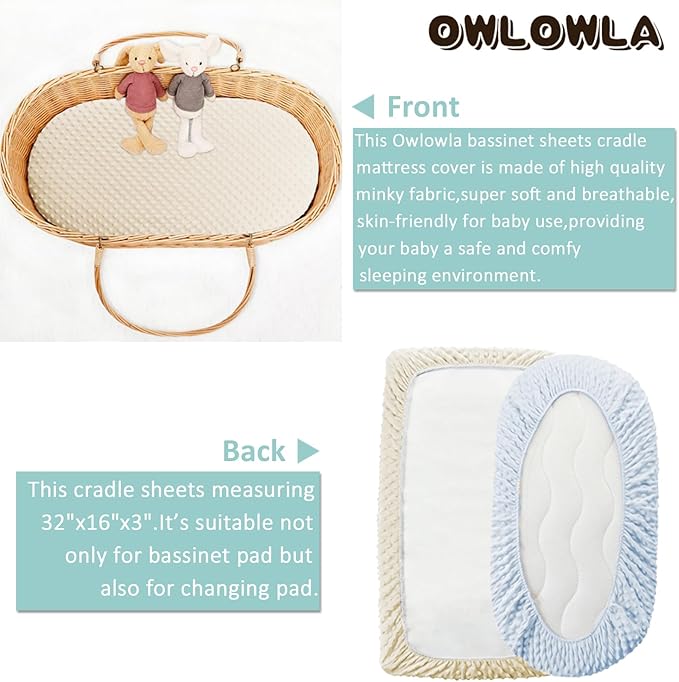 Owlowla Bassinet Sheet Set,Ultra Soft Minky Cradle Sheets Universal Fitted Bassinet Pad/Mattress for Baby Boys Girls(Cream/Baby Blue)