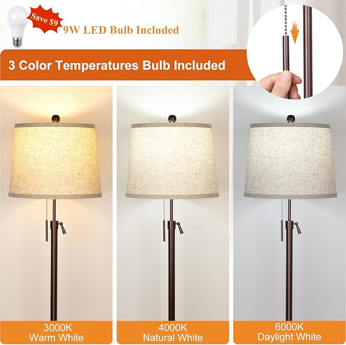 JUNNAI Modern Floor Lamp Adjustable Height Standing Lamp Tall Lamp with 3 Color Temperatures Floor Lamps for Living Room Bedroom Office Beige Shade Bulb Included-Brown