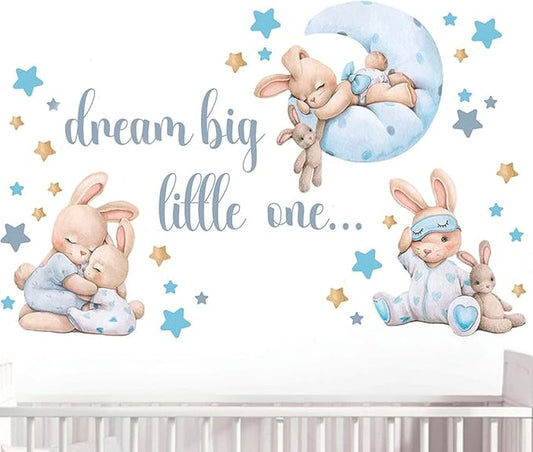 Blue Bunny Wall Decals, Baby Boy Room Rabbit Wall Decor, Animal Stickers for Kids Playroom, Toddler Bedroom and Nursery Decoration, Removable Vinyl Decals, Peel and Stick, Moon, Stars.