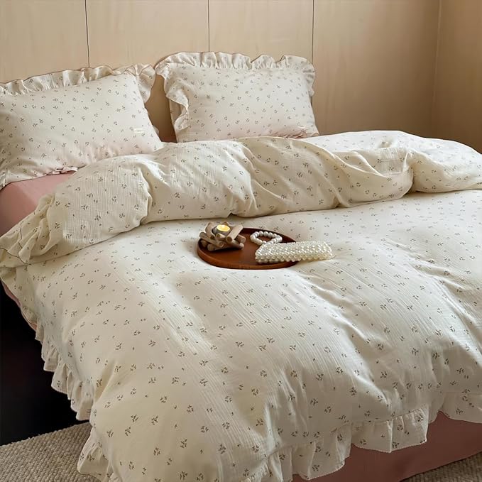 BuLuTu Chic Shabby Vintage Floral Duvet Cover Twin for Kids Girls Boys 100% Cotton Muslin Ruffled Quilt Cover Twin, 68"x86", Primrose Print, Soft Breathable, Zipper Closure, No Pillowcase