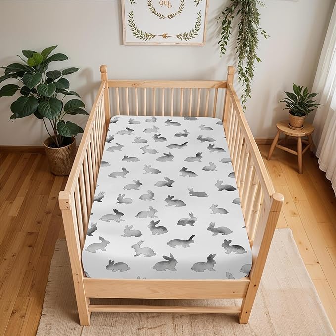 Vintage Gray Rabbit Baby Crib Sheets for Boy Girl 28"x52" Retro Bunny Soft Stretchy Fitted Crib Mattress Cover Spring Garden Animal Nursery Baby Sheet for Standard Crib & Toddler Mattress Pad