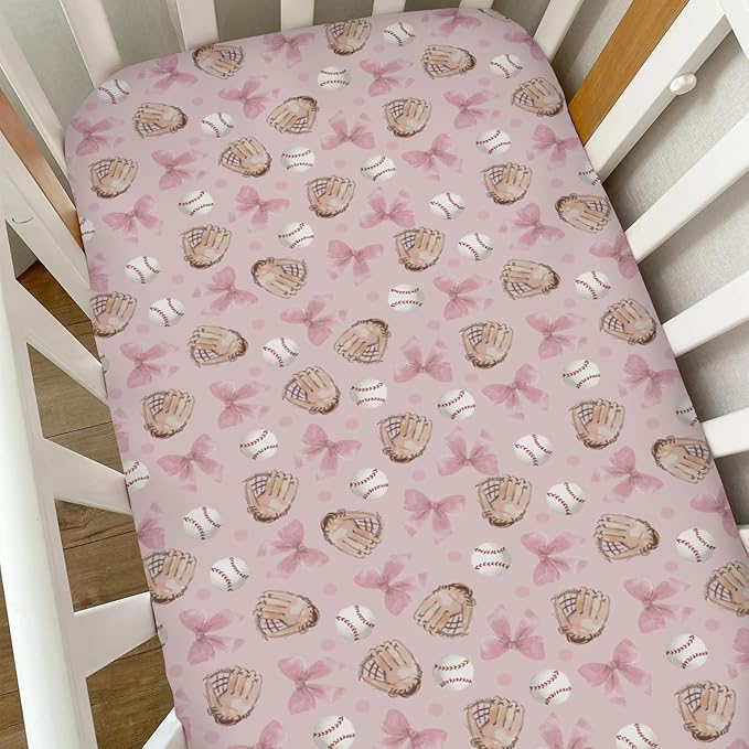 Pastel Pink Baseball Bows Baby Crib Sheets for Boys Girls Watercolor Girly Baseball Soft Snug Fitted Crib Mattress Covers for 52''x28'' Standard Crib & Toddler Mattresses Outdoor Sports Bed Sheets
