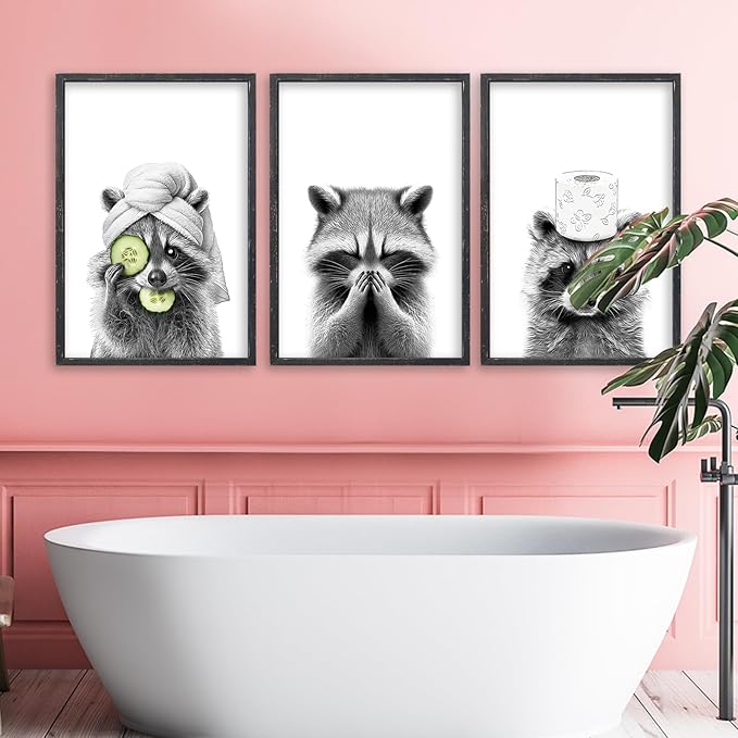 Funny Raccoon Bathroom Wall Decor Art 24x16 Inch Set of 3 Fun Bathroom Modern above the Bathtub Sign Rustic Restroom Farmhouse Cute Washroom Animal Prints Wood Framed Wall Hanging (Black)