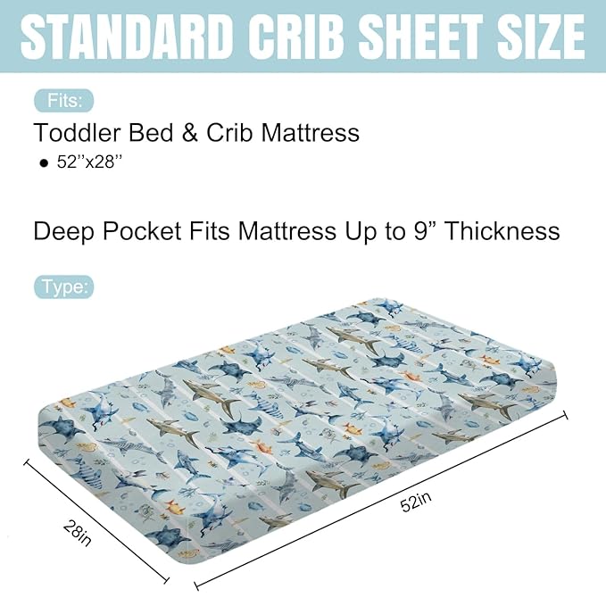 Blue Sharks Baby Crib Sheets 52''x28'' Sea Animals Sharks Stripes Snug Fitted Crib Mattress Cover for Boy Girl Ocean Fishes Corals Nautical Life Baby Bed Sheet for Standard Crib and Toddler Mattress
