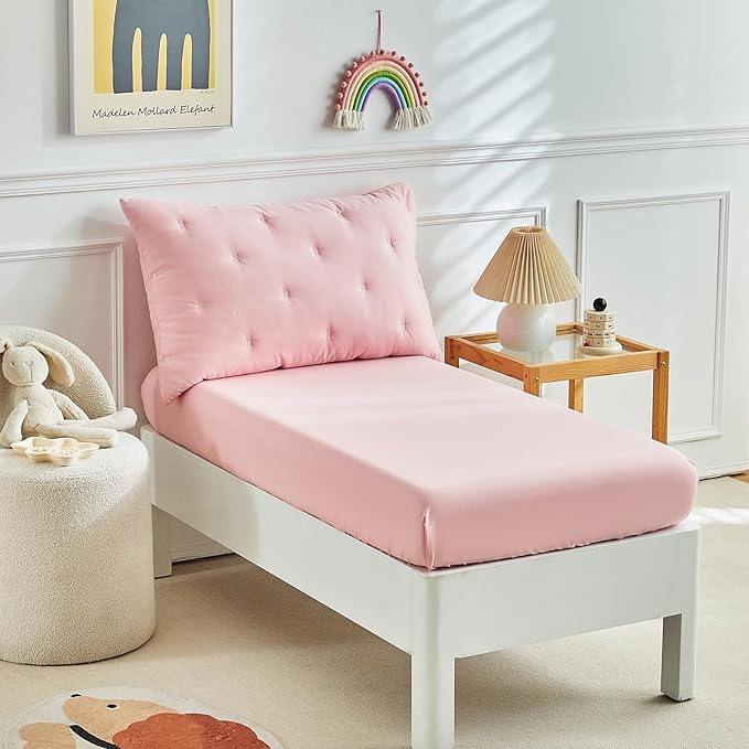 DuShow 4 Piece Toddler Bedding Set for Girls, Pink Embroidery Crib Bed Comforter Set, Includes Comforter, Fitted Sheet, Flat Sheet and Envelope Pillowcase, Soft Toddler Bed Sheet Set