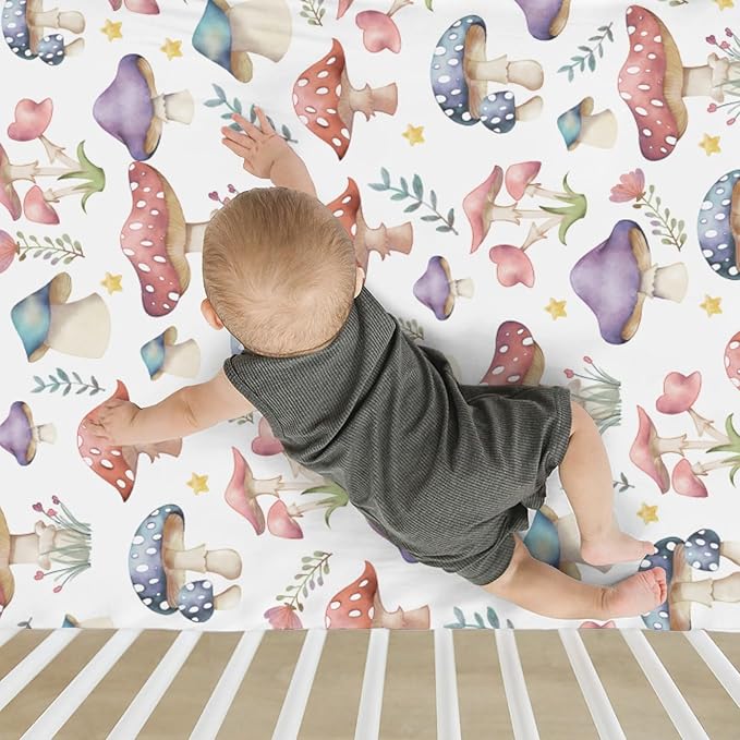 Fairytale Mushroom Baby Crib Sheets for Boy Girl 52x28Inch Colorful Mushrooms Floral Leaves Soft Snug Fitted Crib Mattress Cover Magical Plant Baby Sheet for Standard Crib & Toddler Bed Mattress