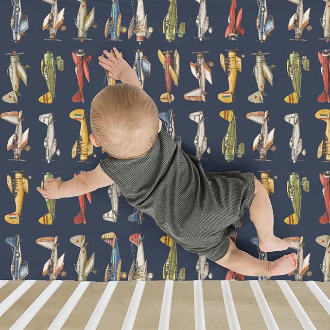 Vintage Planes Airplanes Helicopters Baby Crib Sheets Boy Girl 28"x52" Navy Plane Models Aircraft Soft Stretchy Fitted Crib Mattress Cover Baby Sheet for Standard Crib & Toddler Mattress Pad