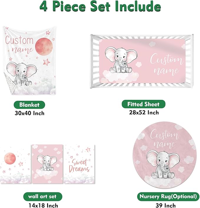 Personalized Baby Crib Bedding Set: 4 Piece Custom Starry Sky Elephant Crib Bed Set with Name, Nursery Bedding Set for Baby Girls, Newborn Boys Crib Sets, Crib Bedding Custom Gift, Crib Sheet