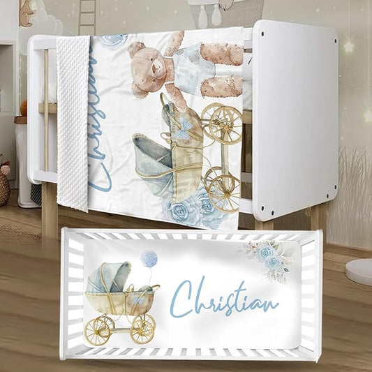 Personalized Baby Crib Bedding Set, Custom Name Bear Doll Design Baby Bedding 2-Pcs Set - Soft Double Layer Dotted Blanket and Fitted Sheet, Nursery Bedding for Newborn Boys Girls, Perfect Shower Gift