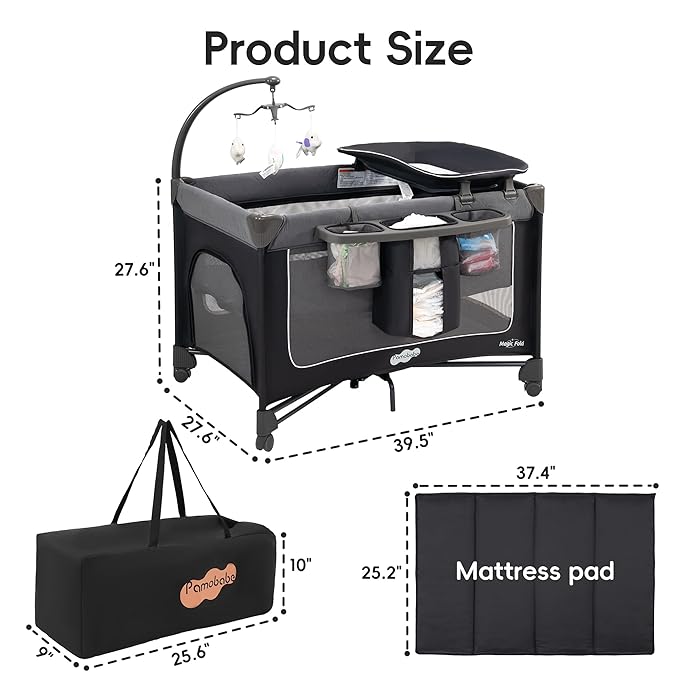 Pamo Babe 1 Step Setup Pack and Play for Babies - Portable Crib with Zip Door & Changing Table