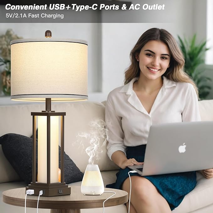 Cinkeda 27" Tall Vintage Table Lamps with USB C+A & Outlet,Brown End Table Lamp Set of 2 for Living Room,Rustic Bedside Lamps with Frosted Glass Night Light for Bedroom Nightstand,Oil-Rubbed Bronze
