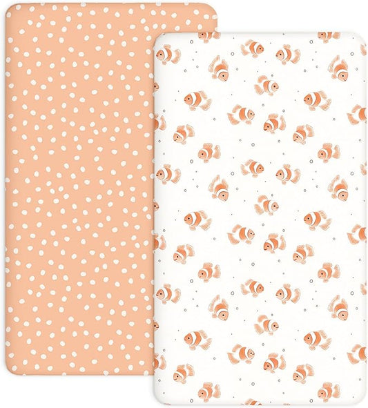 Crib Sheets for Boys and Girls, 2 Pack Fitted Baby Sheets for Standard Toddler Mattress 28" x 52", Soft Breathable Jersey Knit Baby Bedding (Nemo Dots)