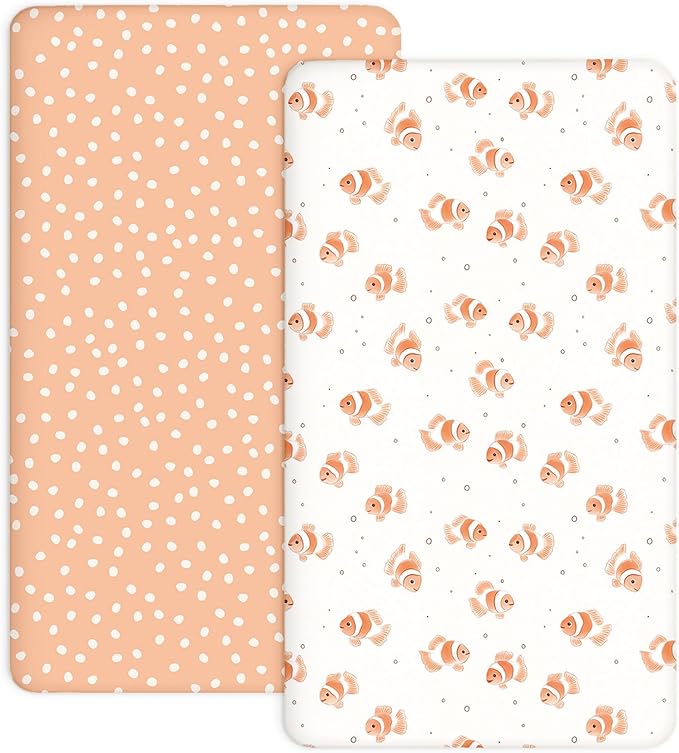 Pack and Play Sheets 2 Pack, Fitted Jersey Knit Mini Crib Sheets for Baby Boys and Girls, Compatible with Graco Pack N Play and Mini Crib Mattress (Nemo Dots, Pack N Play/Mini Crib Sheets)