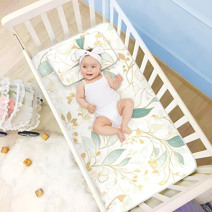 Cooling Baby Waterproof Crib Mattress Protector 28" x 52"Breathable Crib Padding for Sides for Baby&Toddler Green Gold Flowers