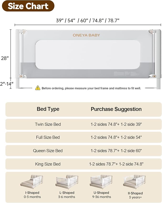 Bed Rail for Toddlers,Thickened & Reinforced Baby Bed Rail Guard for Full Bed with Double Child Lock, Upgraded Toddler Bedrails with Height Adjustable, White/Grey, 1Side 54" Lx28 H