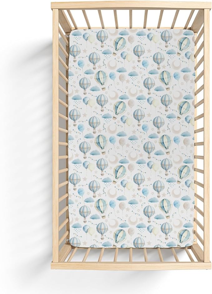 Neutral Blue Hot Air Balloons Baby Crib Sheets for Boy Girl 52"x28" Pastel Balloons Moon Stars Clouds Soft Snug Fitted Crib Mattress Cover Boho Sky Nursery Baby Sheet for Crib & Toddler Bed Mattress
