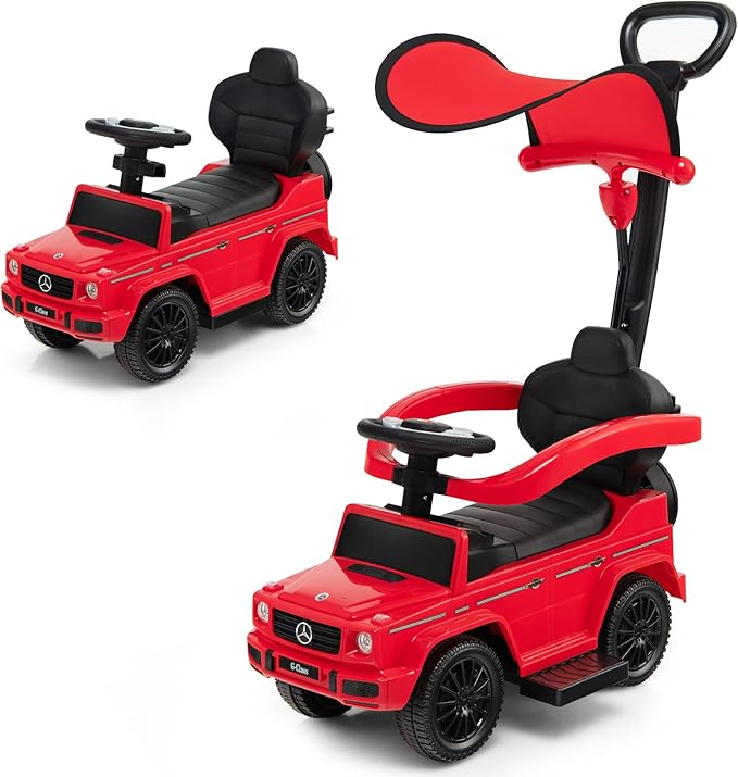 Costzon Push Car for Toddlers, 3 in 1 Mercedes Benz Stroller Sliding Walking Car w/Canopy, Handle, Armrest Guardrail, Underneath Storage, Horn, Foot-to-Floor Ride On Toy for Boys Girls, Red
