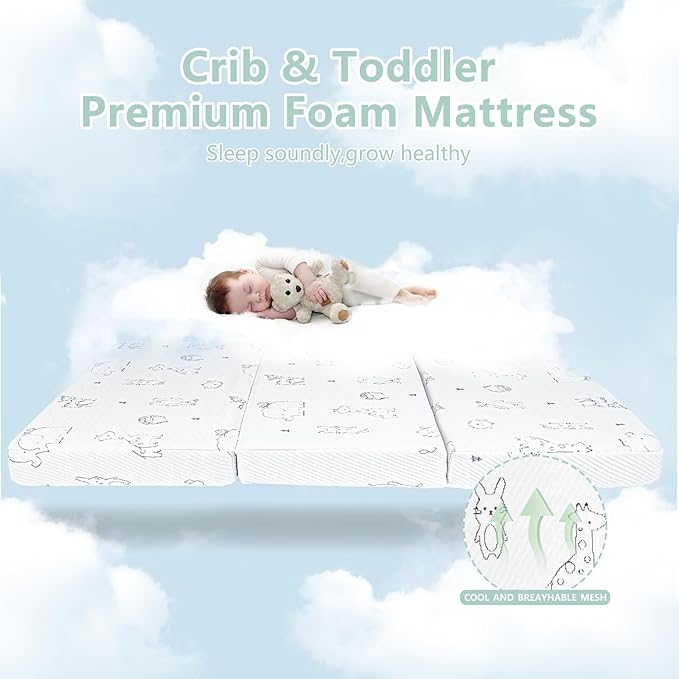 Pack and Play Mattress Pad, 38x26 Dual-Sided Soft & Firm Memory Foam Pack N Play Mattresses Foldable Portable Baby Mattress for Pack n Play with Breathable Animal Jacquard Cover &Travel Bag