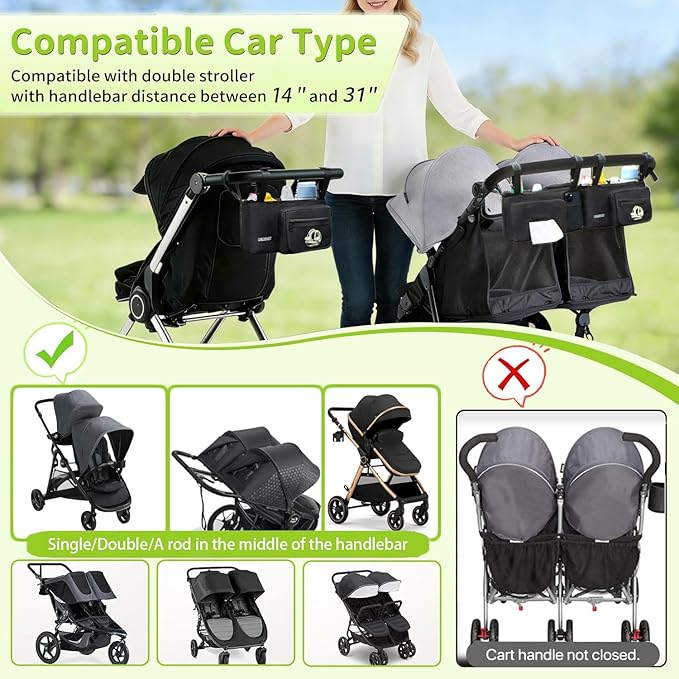 AEMIDAY Double Stroller Organizer Compatible with BOB Duallie and Baby Jogger City Mini GT2 Double Stroller, Double Baby Stroller Accessories with 2 Cooler Pockets , Black(Empty Bag)