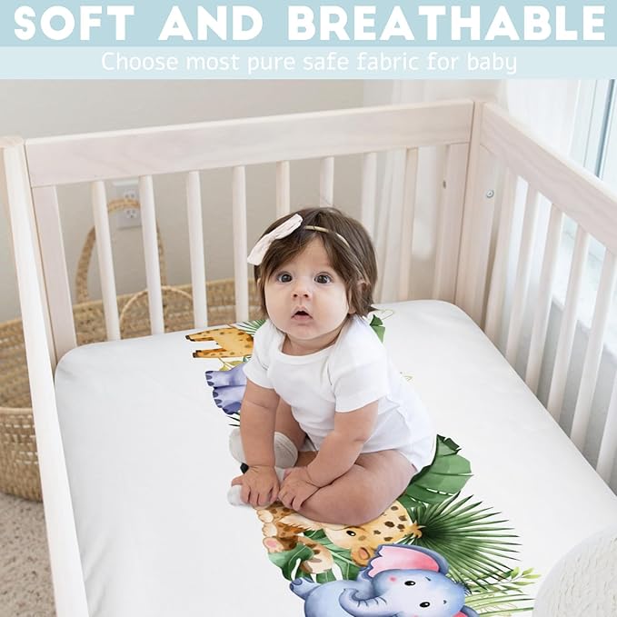 Baby Jungle Safari Animals Tropical Leaves Flowers Baby Crib Sheet 52''x28'' Fitted Crib Mattress Cover for Boy Girl Nursery Toddler Bed Sheet Fits Standard Crib and Toddler Mattresses Leaves
