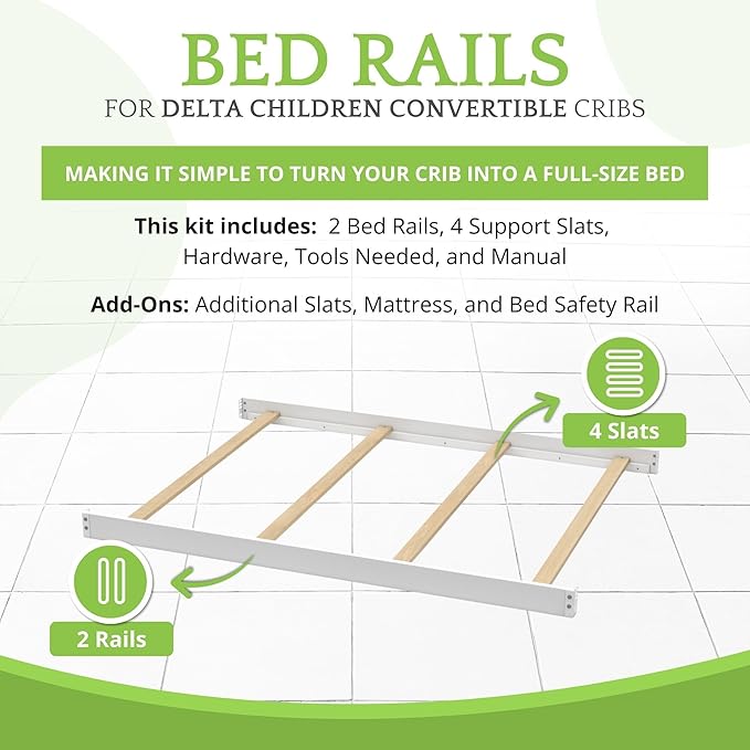 Full-Size Conversion Kit Bed Rails Compatible with Delta Children Convertible Cribs - Solid Wood Rail #0050 - Toddler and Adult Bed Rail for Full-Size Beds - Baby Furniture (White - 100)