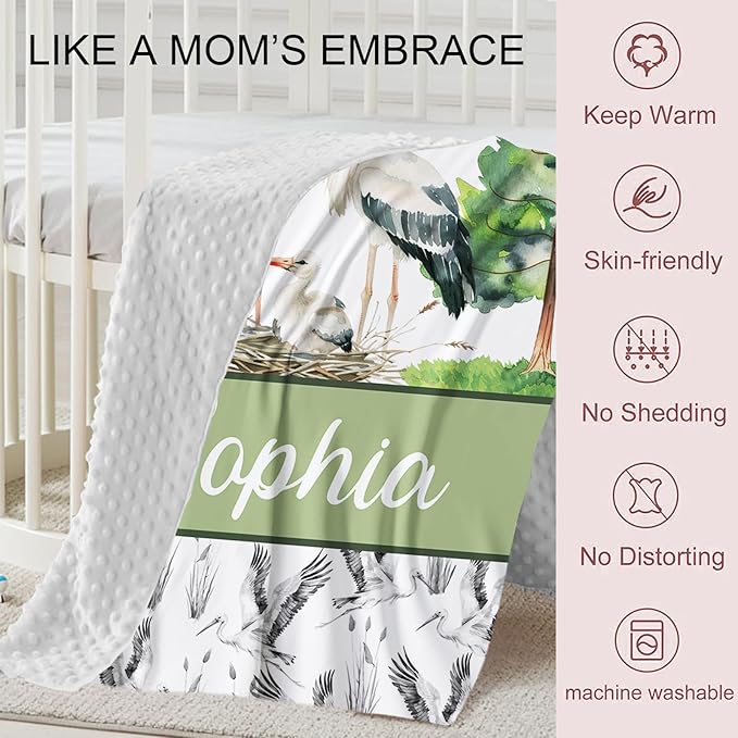 Personalized Baby Crib Bedding Set, Custom Name Crane Design Baby Bedding 2-Pcs Set-Soft Double Layer Dotted Blanket and Fitted Sheet, Nursery Bedding for Newborn Boys Girls, Perfect Shower Gift