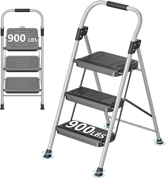 DIAMONDFORGE 3 Step Ladder, Folding Step Stool with Anti-Slip Wide Pedal, Soft Handle, Anti-Slip Feet, Sturdiest Steel Construction, 900lbs Capacity Steel Ladder for Home and Office, GrayBlack