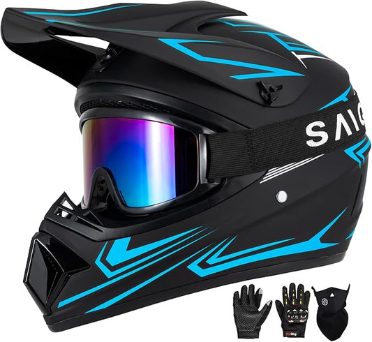 Youth Kids Motocross Helmet, Adult ATV Dirt Bike Helmet with Goggles Gloves & Mask Quick, Full Face Motorcycle Helmet with Quick Release Buckle DOT Certified