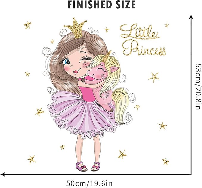 ROFARSO Colorful Cute Lovely Little Princess Hugging Baby Unicorn Wall Stickers for Kids Peel and Stick Removable Wall Decals DIY Decorations Decor for Nursery Baby Girls Bedroom Playroom Living Room