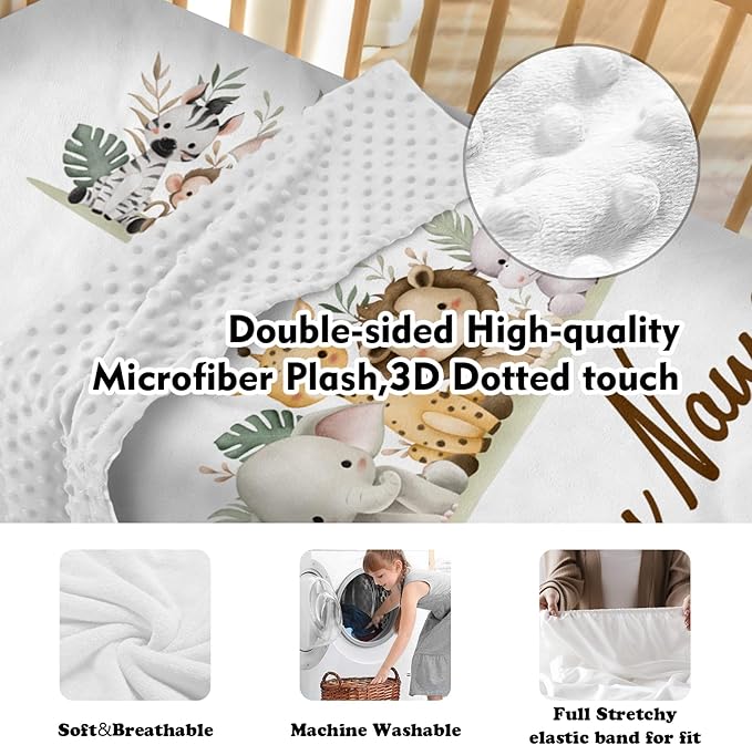 Personalized Crib Bedding Set, Custom Name Baby Bedding 5-Pcs Set - Soft Blanket Fitted Sheet Changing Pad Cover Nursery Rug and Wall Art, Cute Animal Theme Nursery Decor for Newborn Boys Girls