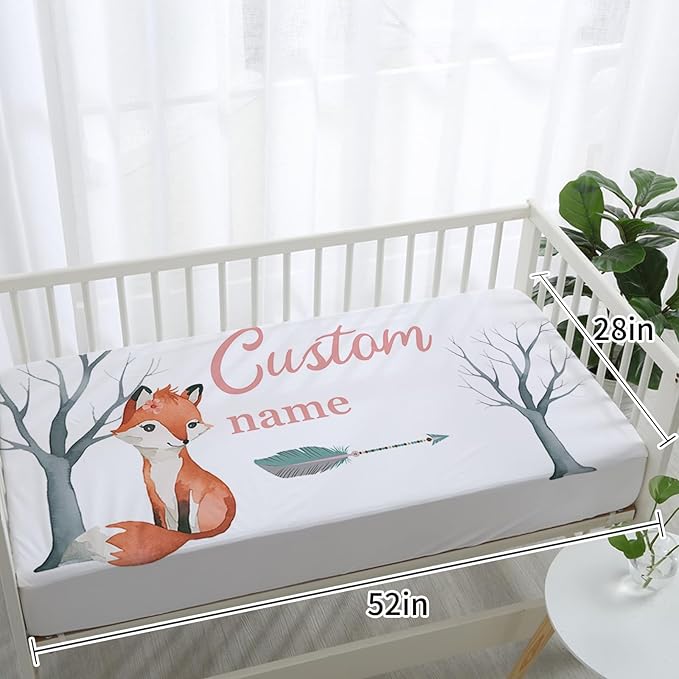 Personalized Baby Crib Bedding Set: 4 Piece Custom Fox Pattern Crib Bed Set with Name, Nursery Bedding Set for Baby Girls, Newborn Boys Crib Sets, Crib Bedding Custom Gift, Crib Sheet