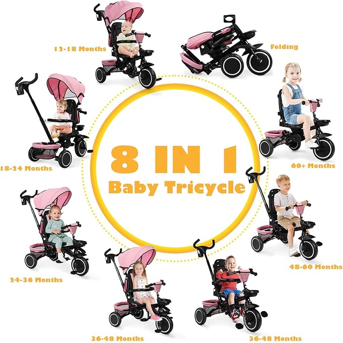 Folding Kids Tricycle, 8 in 1 Baby Trike W/Removable & Adjustable Canopy, Parent Handle, 5-Piont Safety Harness, Toddler Bike Stroller for Kids 1-6 Years, EVA Wheels, Storage Basket, Pink